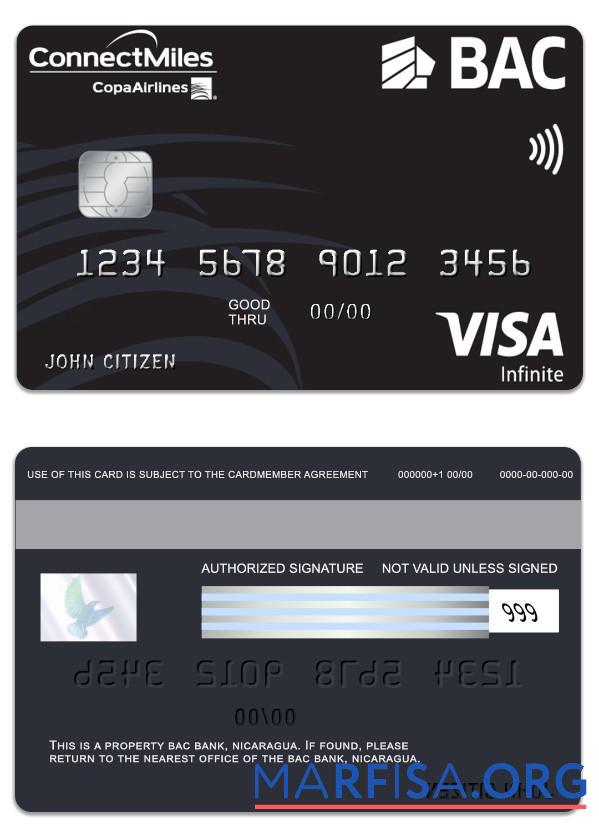 Printable Nicaragua BAC Bank visa infinite card download for verification